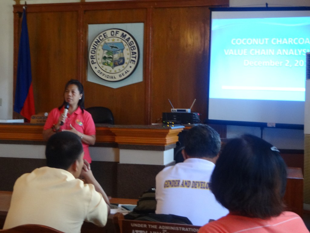 I-PLAN planning analyst Mary Ann R. Cuya presents the VCA for coconut shell charcoal during the PCIP Stakeholders’ Consultation held at the Sangguniang Panlalawigan (SP) Hall in Masbate Capitol Complex on December 2, 2014. 