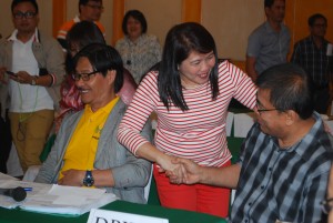 Hon. Suzette T. Alquisada, Mayor of the Mun. of Tigbauan, Iloilo (center) expressed her heartfelt gratitude after the  SP, The Rehabilitation Parara-Jamog FMR  was approved by RPAB, with Dir. Roy M. Abaya of DA (left) and Engr. Manuel L. Ticao Jr. (right)