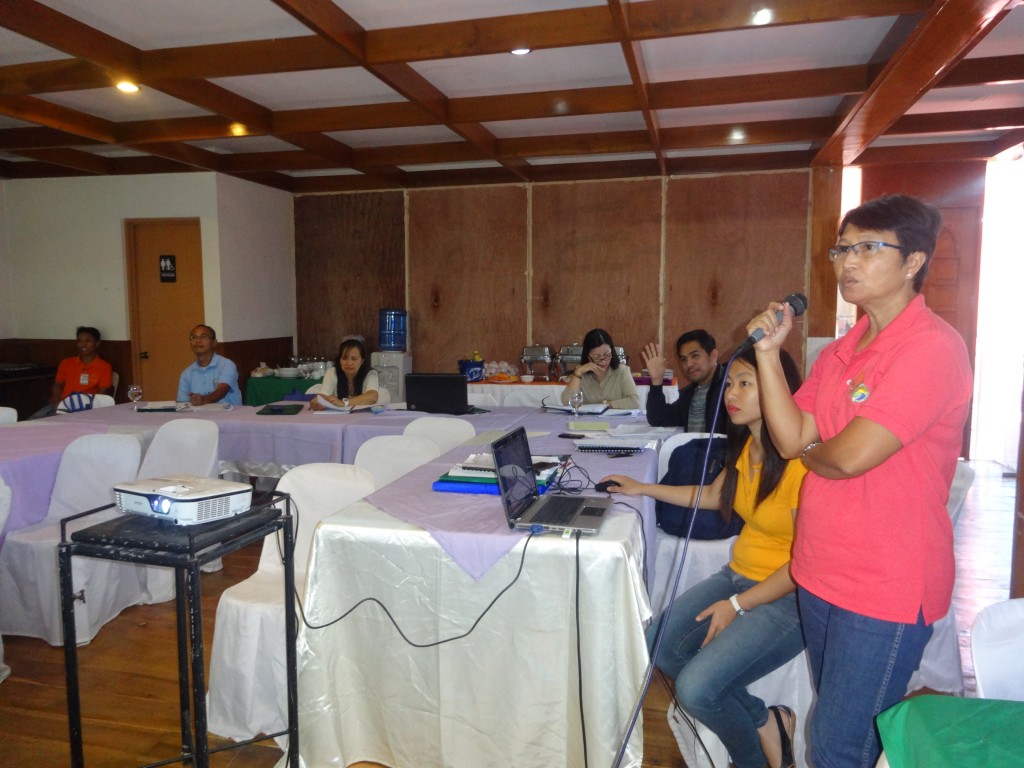 PPMIU-Camarines Sur I-PLAN Component Head Ma. Teresa O. Asido presents the draft VCA for cassava to the panel of evaluators during the Coaching/Mentoring on the Finalization of VCA for the Province of Camarines Sur held on October 7, 2015 at Macagang Hotel and Resort in Nabua, Camarines Sur. 