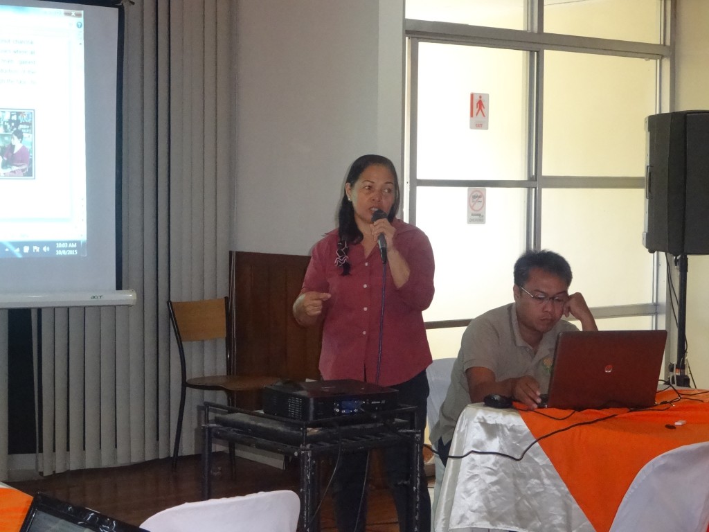 Grace Graciana Tagnipez of PPMIU-Masbate presents the draft VCA for live goat to the panel of evaluators during the Coaching/Mentoring on the Finalization of VCA for the Province of Masbate held on October 8, 2015 at Macagang Hotel and Resort in Nabua, Camarines Sur.