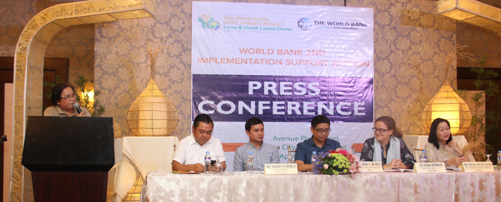 Seated as panelists during the World Bank 2nd Implementation Support Mission to PRDP South Luzon Press Conference held on April 11, 2016 at Avenue Plaza Hotel were (L-R) Naga City Mayor John G. Bongat, PRDP PSO South Luzon Director Shandy M. Hubilla, PRDP Deputy Project Director Engr. Arnel V. De Mesa, Lead Agriculture Economist and World Bank Task Team Leader Frauke Jungbluth, and DA RFO V OIC-RED and PRDP RPCO V Deputy Project Director Dr. Elena B. Delos Santos. RPCO V InfoACE Unit Head and DA RFO V RAFIS Chief Emilia B. Bordado serves as moderator. (Photo Credit: Eduardo D. Collantes Jr.)