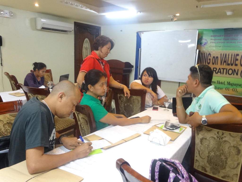 PRDP RPCO V Planning Specialist Mary Ann R. Cuya (in red) and Ronald B. Coprada of DA RFO V’s HVCDP (seated, 1st from left) assist the City Project Management and Implementing Unit of Naga City in preparing the value chain map and product process flow of cut flower as part of the workshop during the Training on VCA preparation Module 1 held on June 1-3, 2016 in Naga City. 