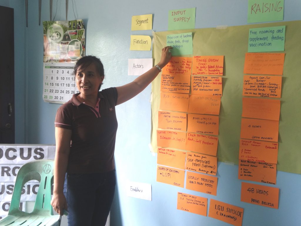 PRDP-Bicol I-PLAN Planning Specialist assists native chicken industry stakeholders in preparing the value chain map for native chicken during the Focus Group Discussion on Native Chicken held on August 23, 2016 in Nabua, Camarines Sur. (Photo by Annielyn L. Baleza, DA-PRDP RPCO V InfoACE Unit)